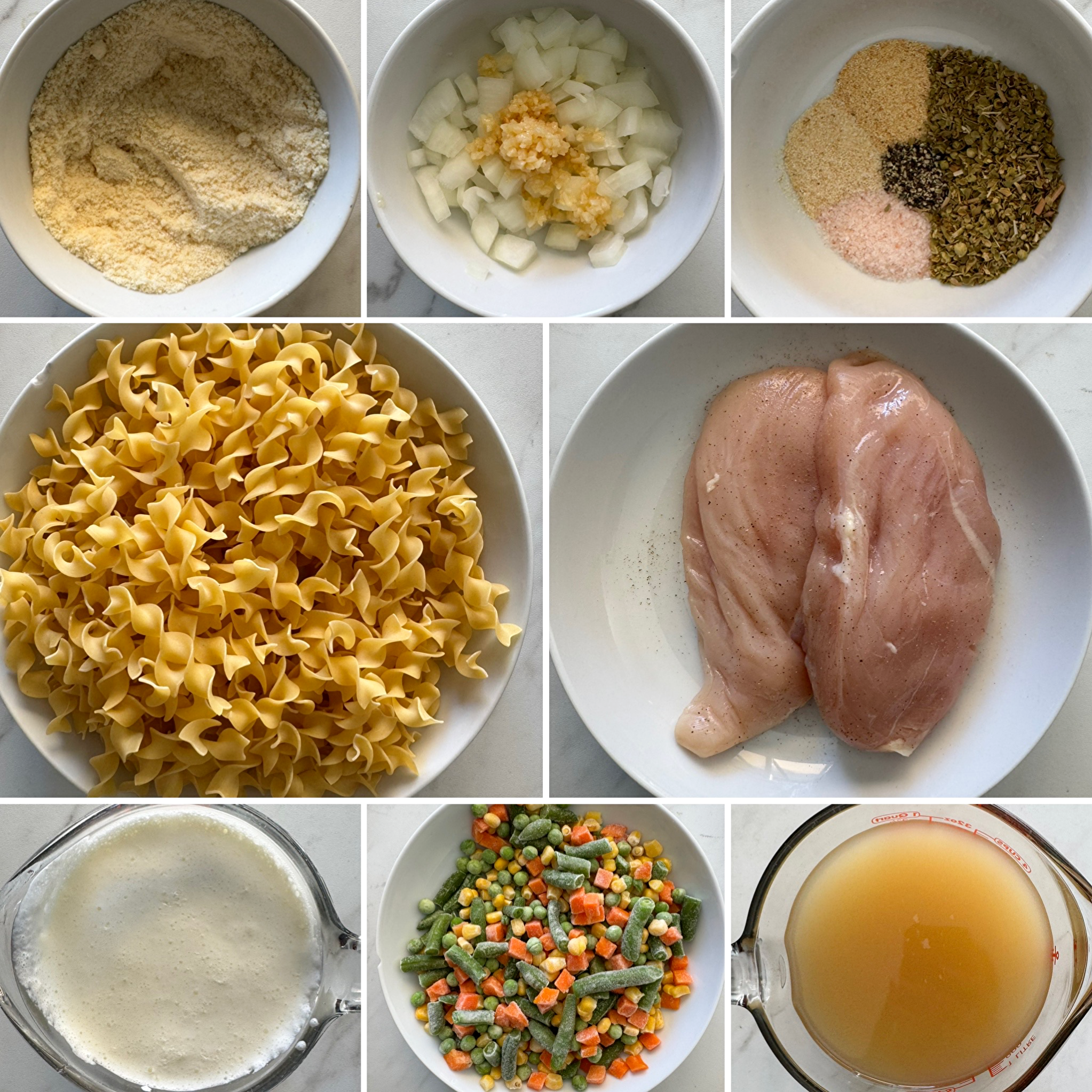 collage of ingredients for Crockpot Chicken and Noodles 