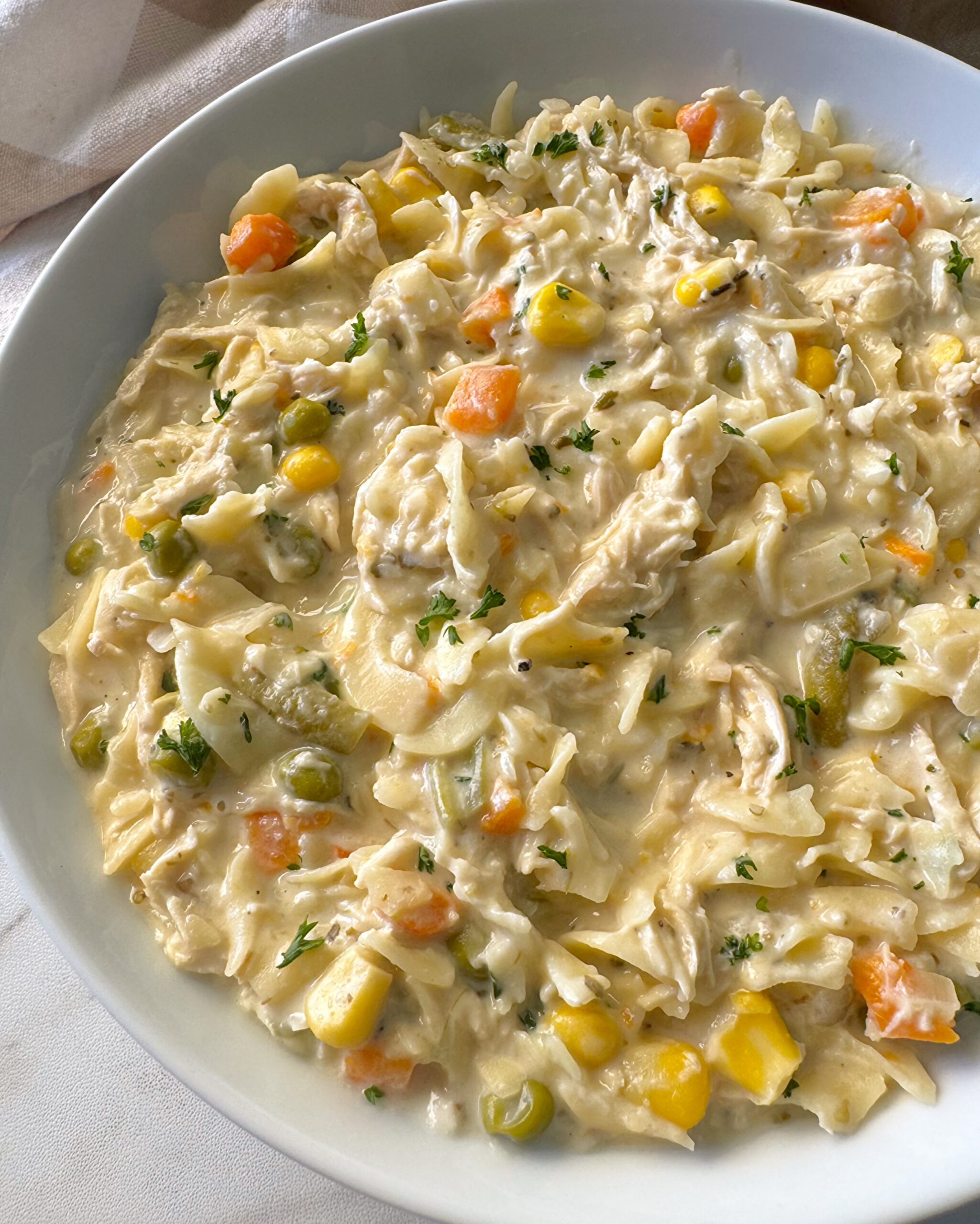 overhead side shot of cooked chicken and noodles in white bowl