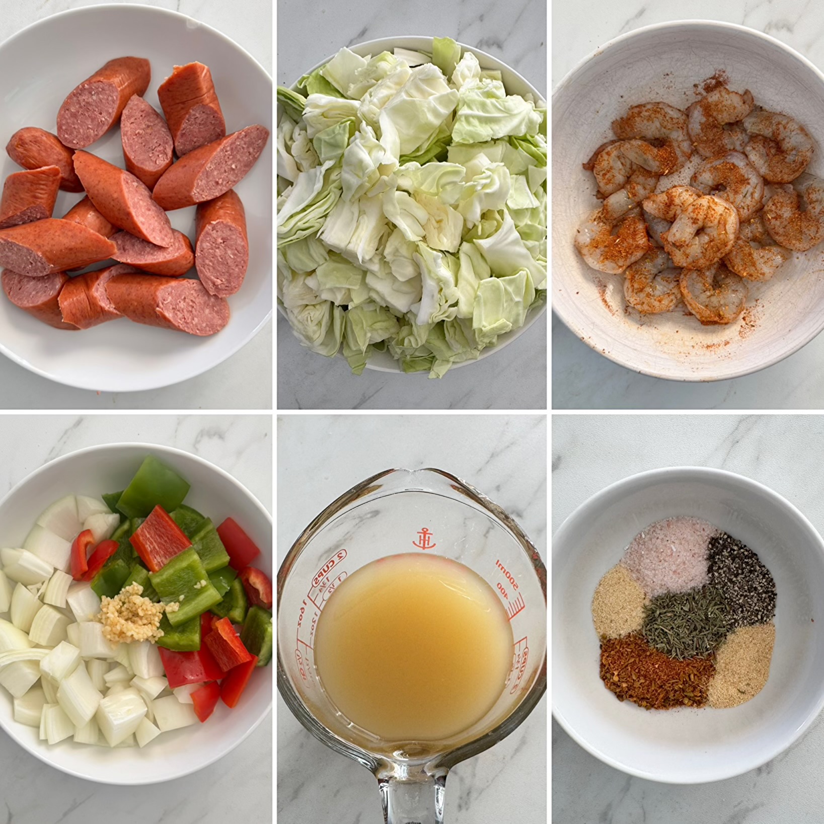 collage of ingredients for Crockpot Cajun Cabbage Sausage Shrimp