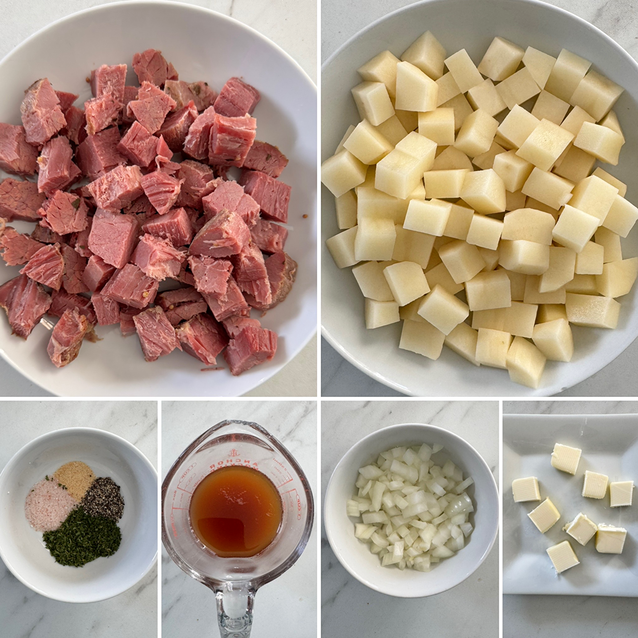 collage of ingredients for Slow Cooker Corned Beef Hash 