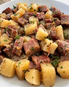 close up shot of cooked corned beef and hash in a white plate