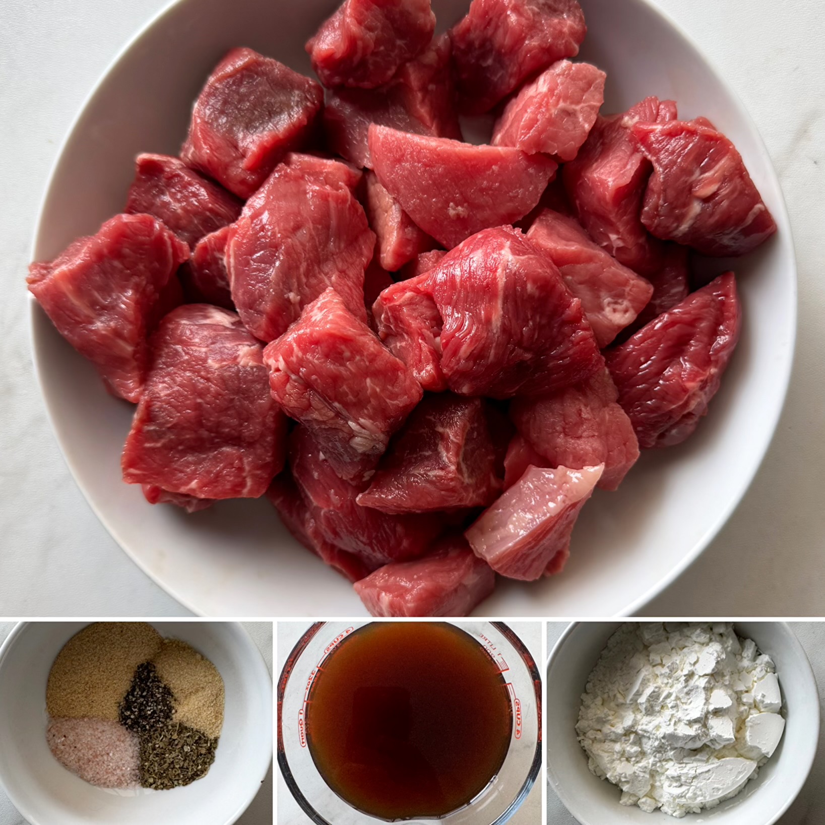collage of ingredients for slow cooker beef tips & gravy