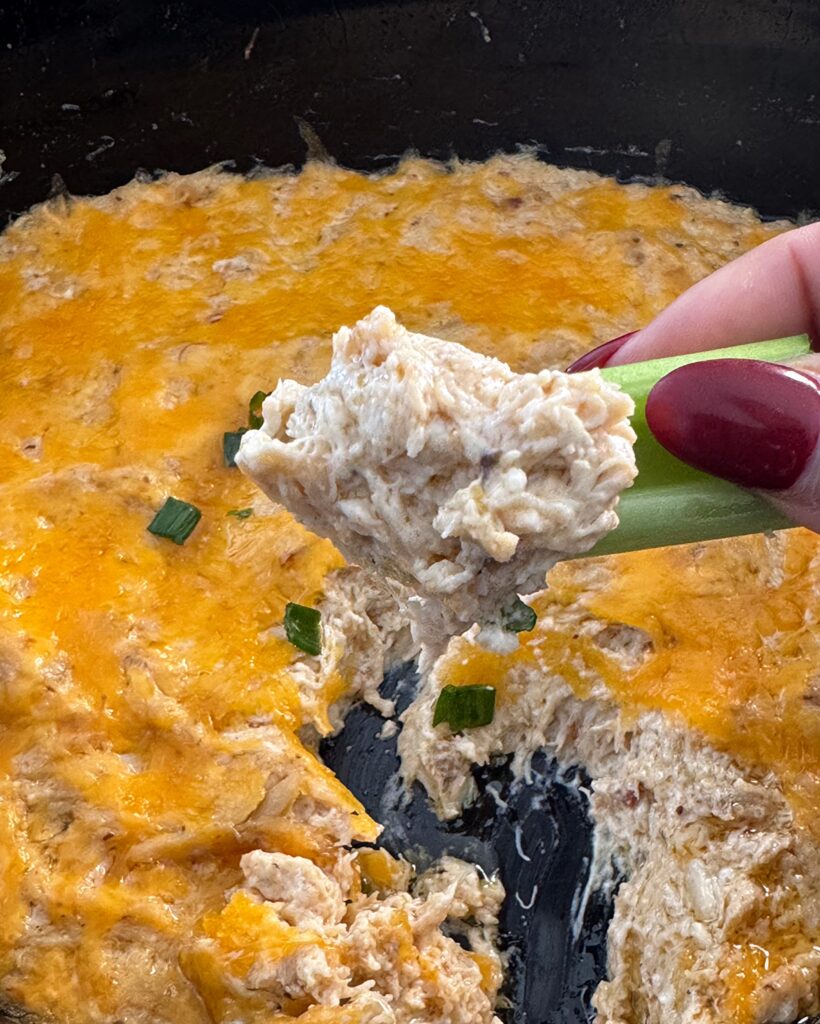 close up shot of the crab dip on celery