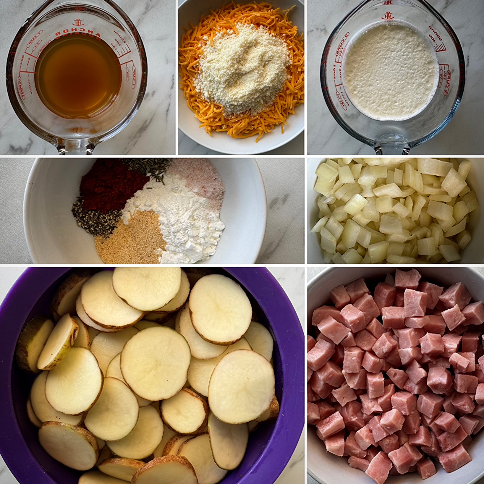 collage of ingredients for Crockpot Scalloped Potatoes and Ham