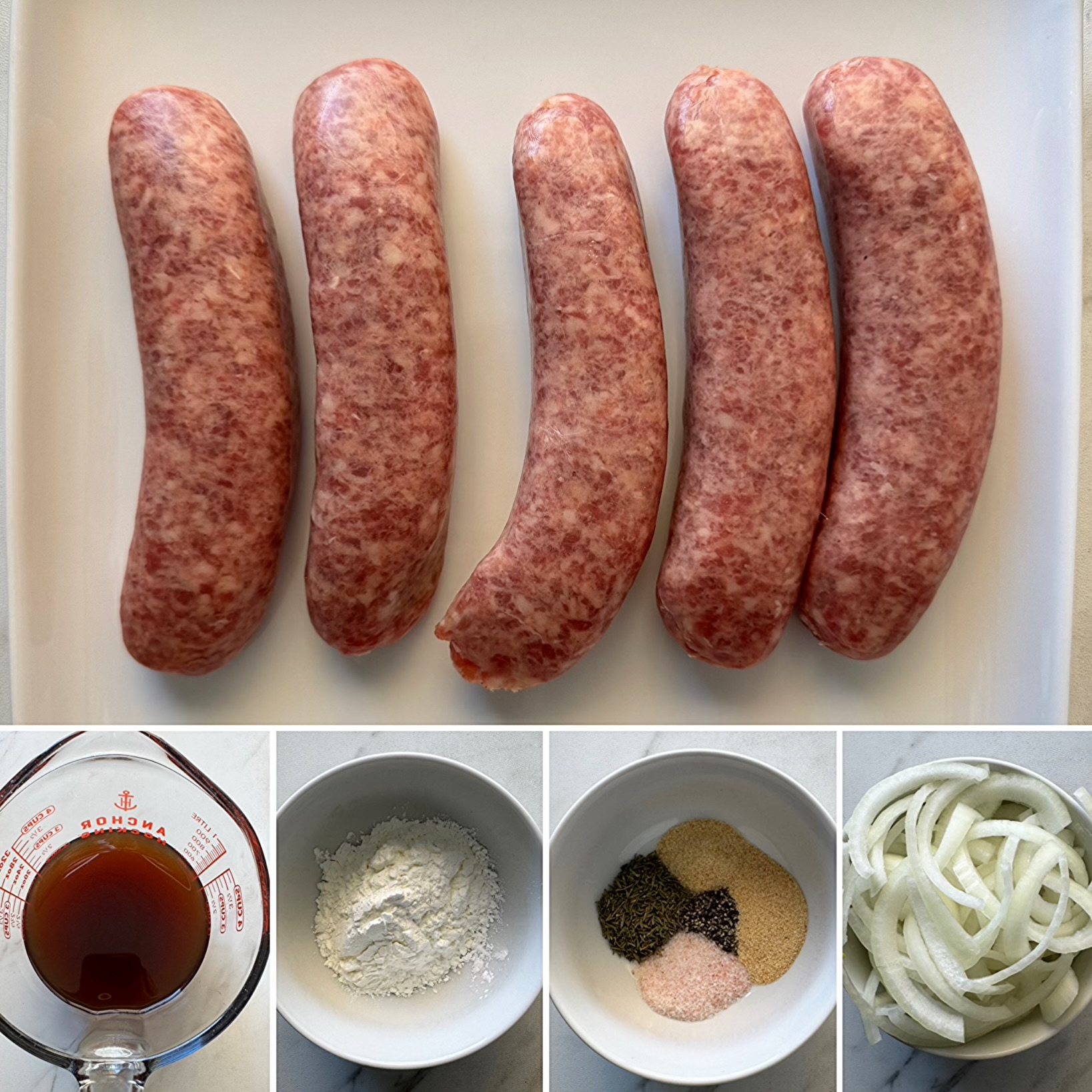 collage of ingredients for Slow Cooker Bangers and Mash