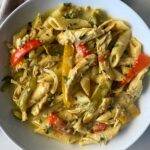 overhead shot of slow cooker Rasta pasta in a white bowl