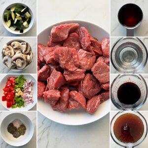 collage of ingredients for Slow Cooker Beef Kebab Soup