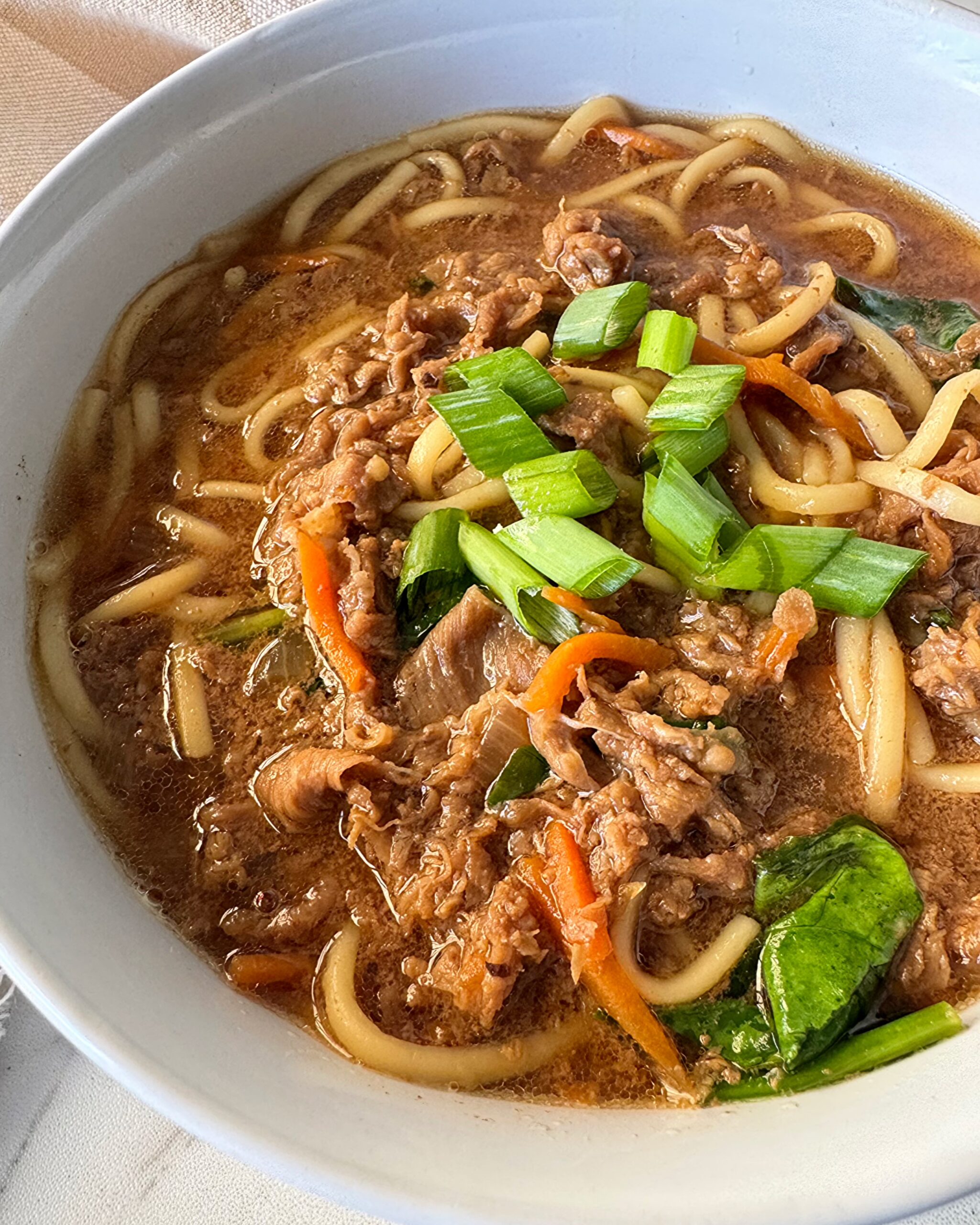 close up shot of beef udon soup in a white bowl garnished with green onion