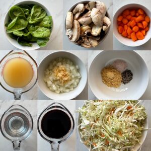 collage of ingredients for slow cooker potsticker soup