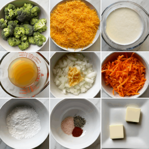 collage of ingredients for crockpot chicken broccoli cheese soup